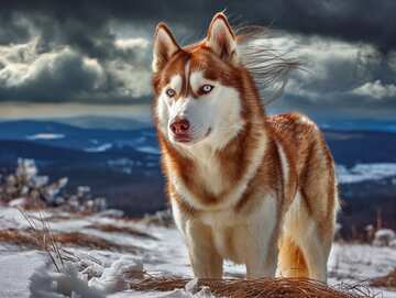 Online jigsaws - striking scene of a windswept husky surveying dramatic snowy mountains and alpine peaks. - picture 23
