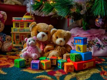 Online jigsaws - Wrapped toys await beneath the tree: a teddy bear, dollhouse, and wooden blocks ready for Christmas morning magic - picture 33