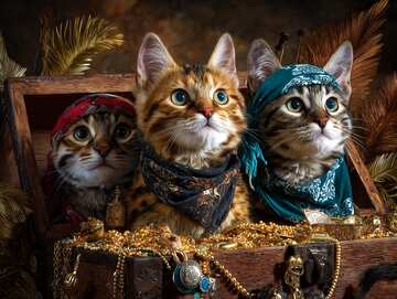 Online jigsaw puzzle - A chest of gold coins has been found by three cat pirates. How will they get it onto their ship? - picture 7