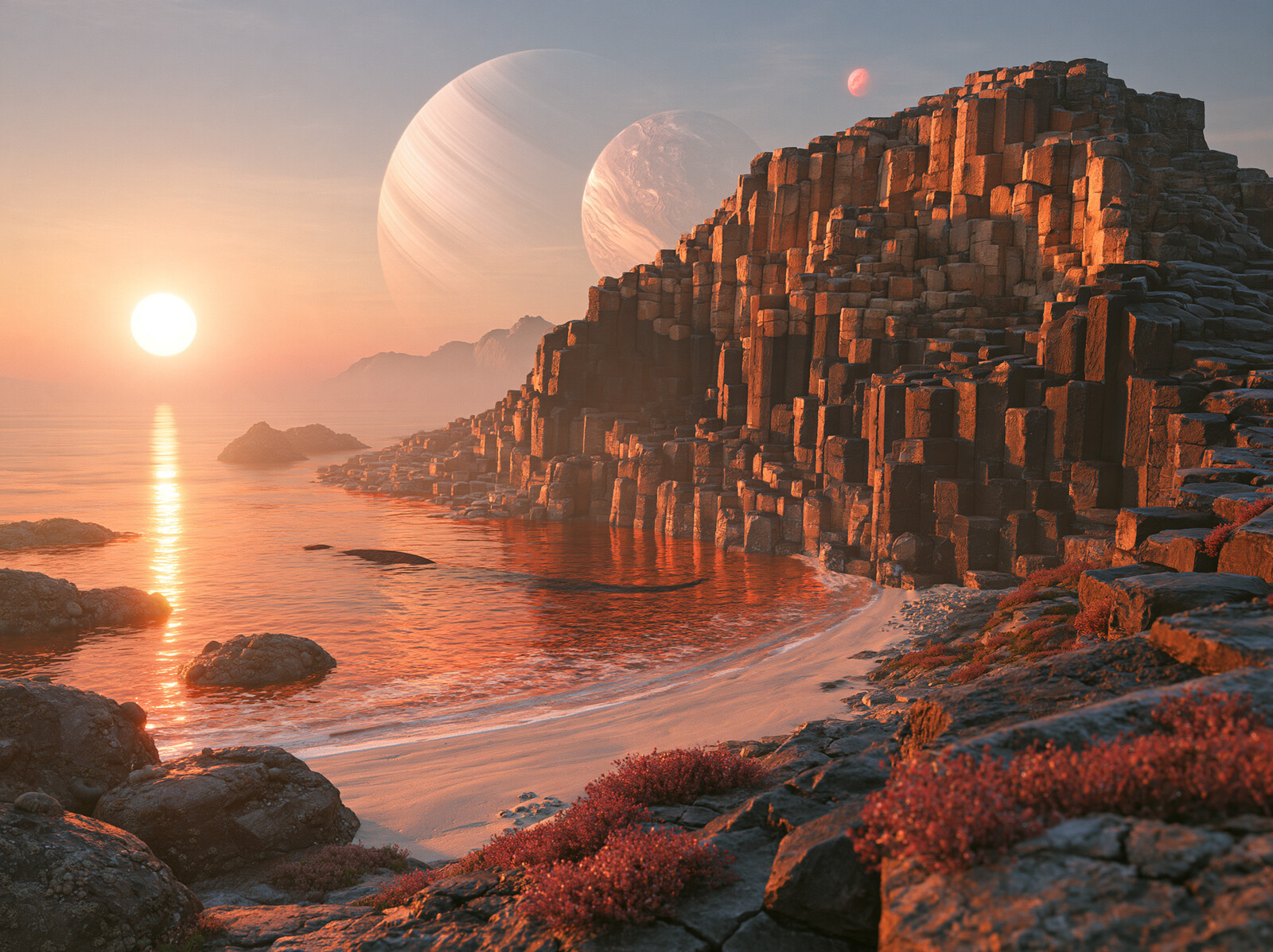 Tall hexagonal basalt columns glowing above a copper sea at sunset, with two suns and two ringed planets in the sky
