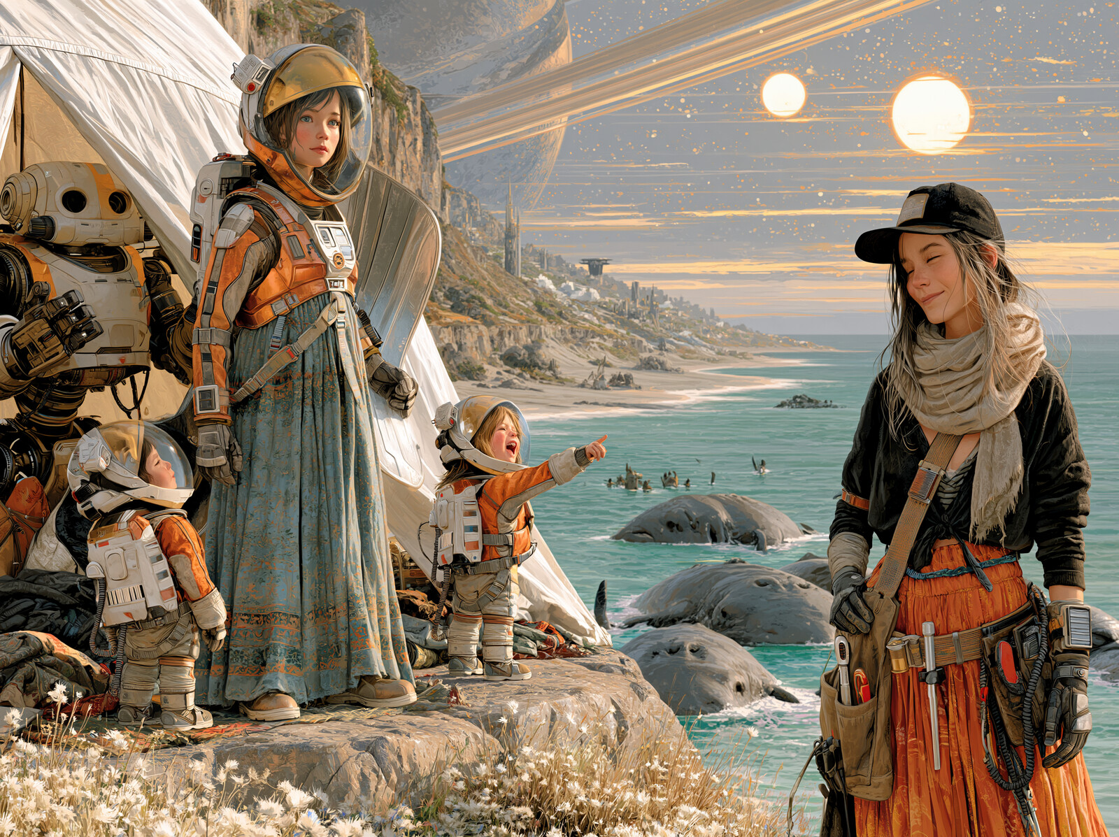 A small child in a space suit pointing out to sea at grey sea creatures in the bay, beside two women and a robot on a rocky shore